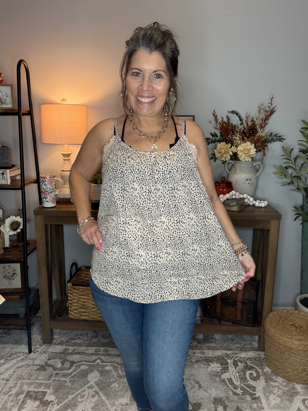 Cute Animal Print Lace Detail Top