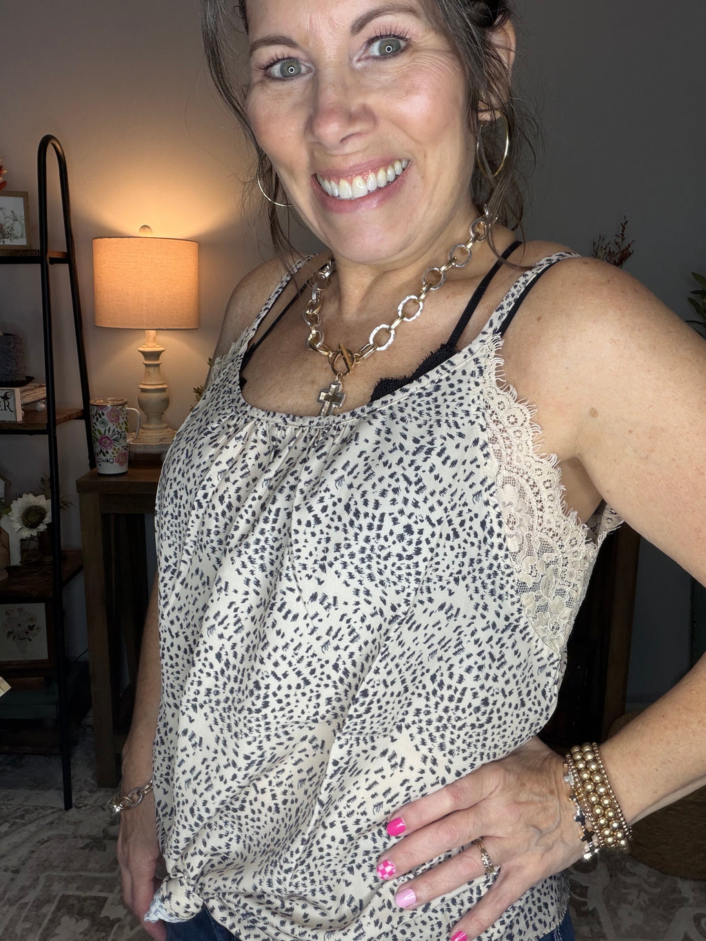 Cute Animal Print Lace Detail Top