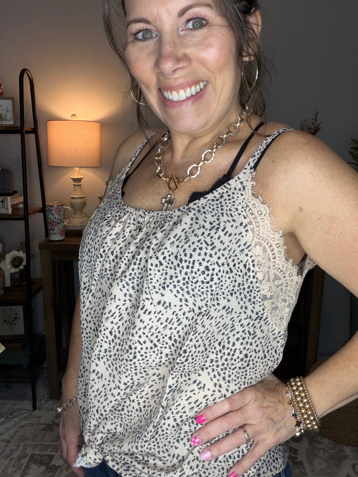 Cute Animal Print Lace Detail Top