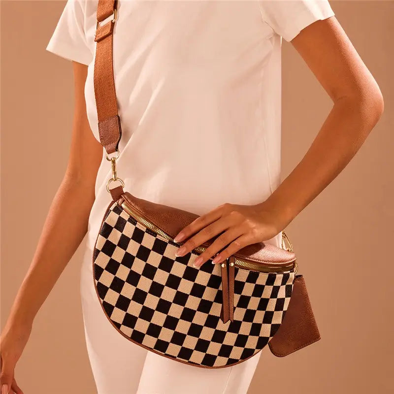 Brown and Black Checkered Crossbody Bag