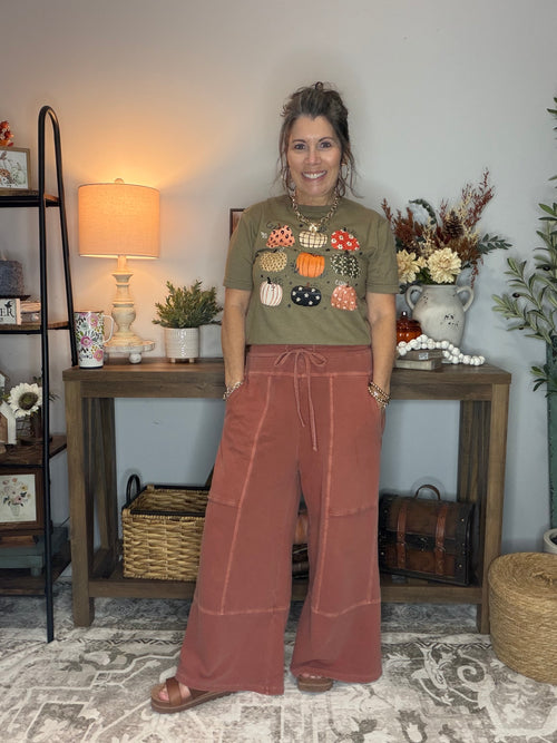 Acid Wash Flare Hem Pants - RUST
