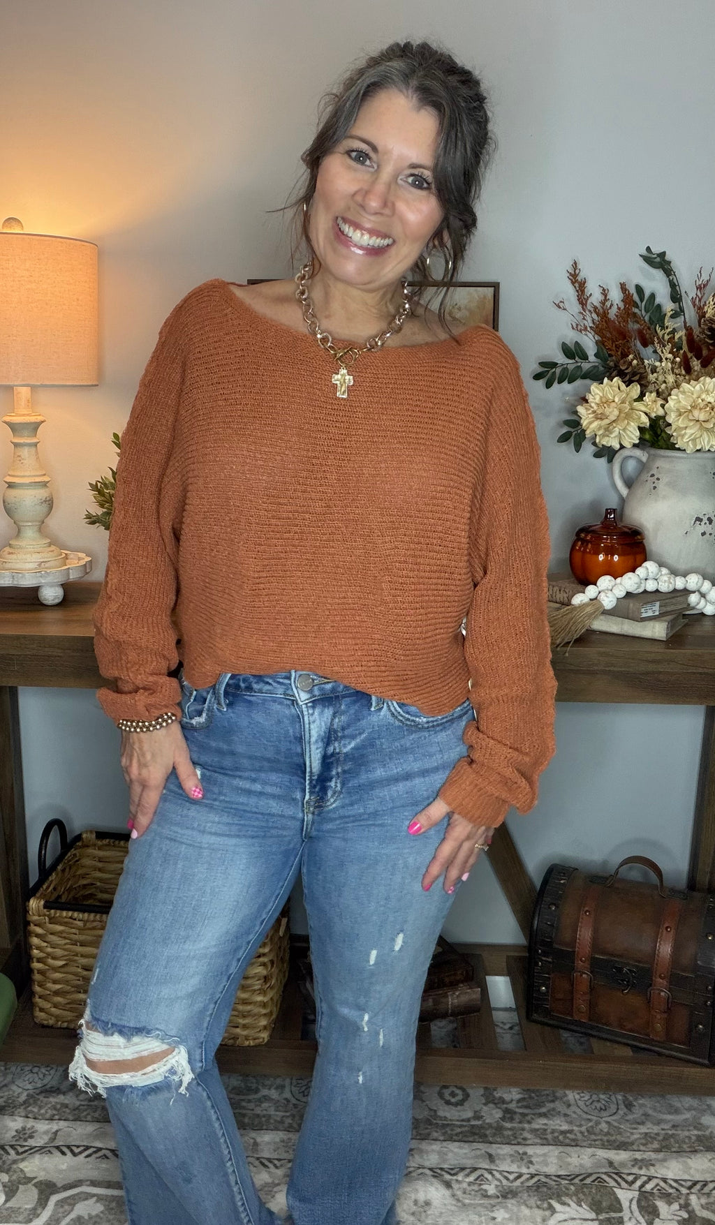 Boat Neck Dolman Sleeve Sweater - Cinnamon
