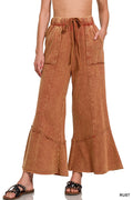 Acid Wash Flare Hem Pants - RUST