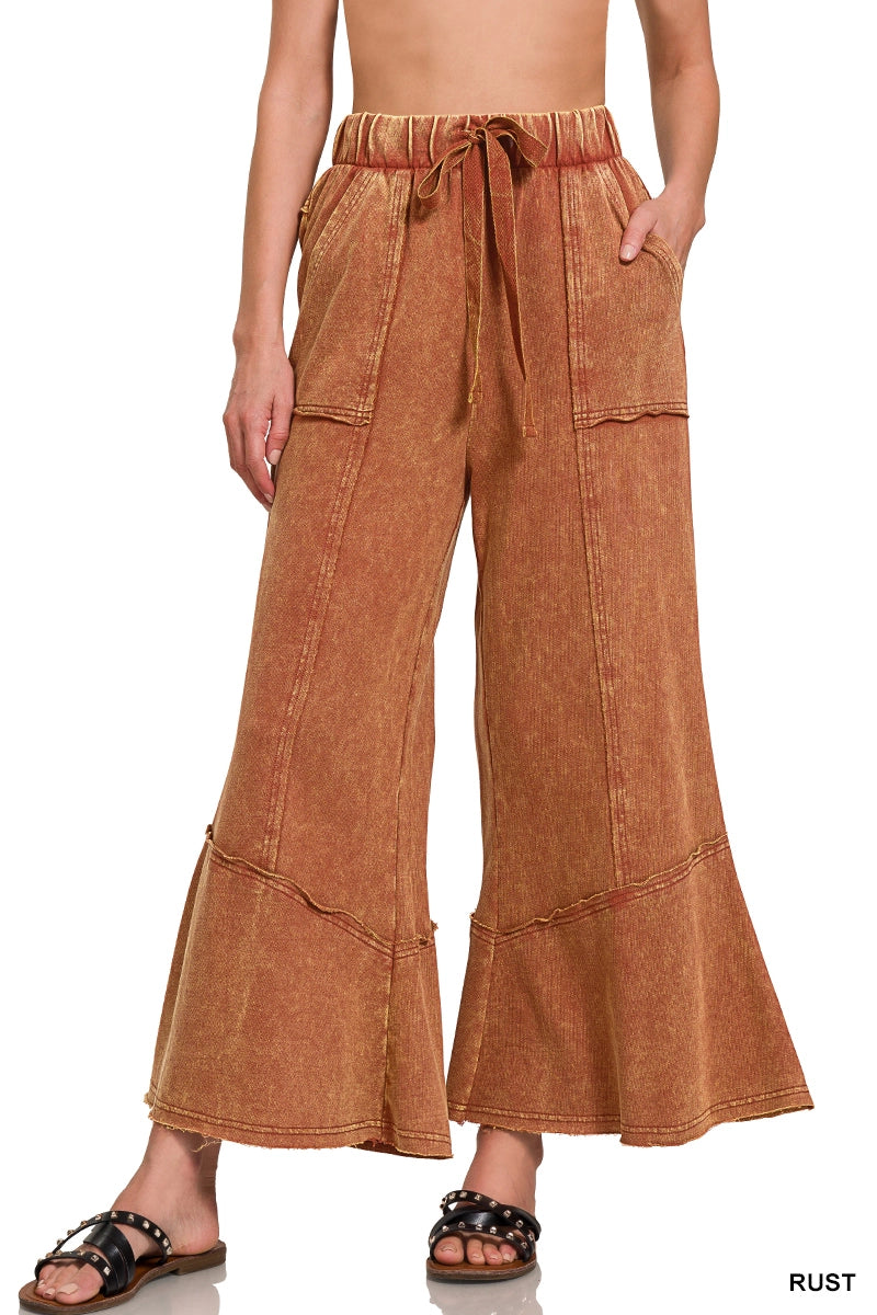 Acid Wash Flare Hem Pants - RUST