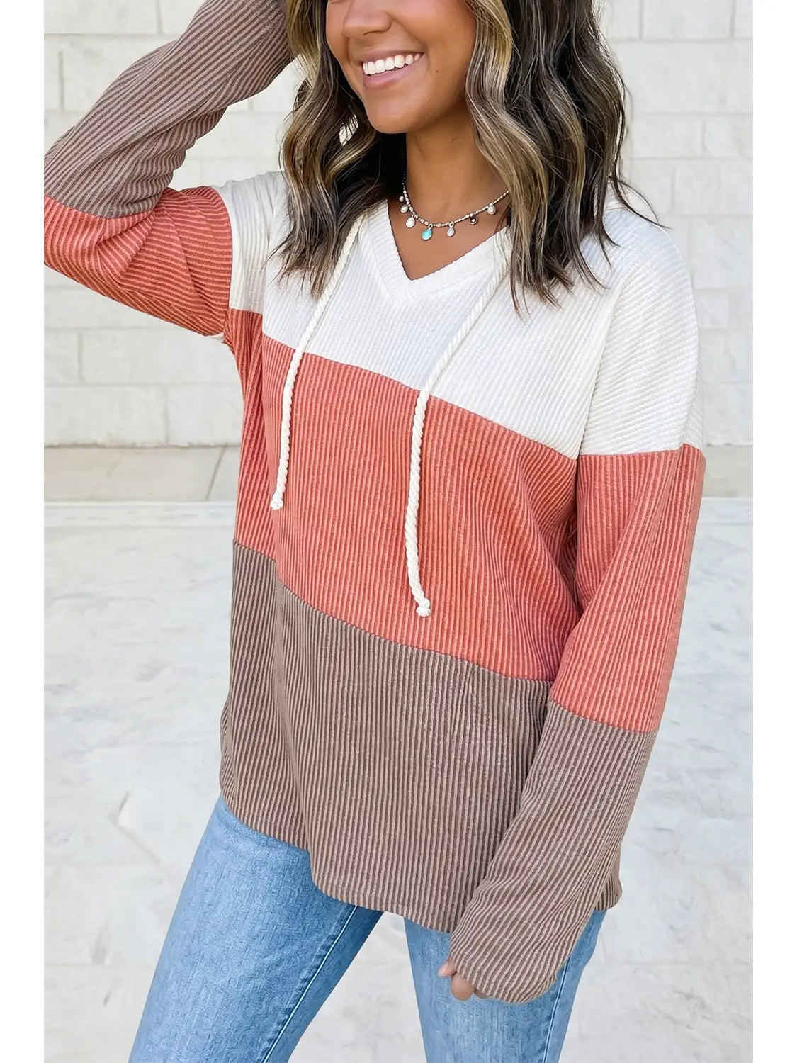 Ribbed Color Block Hooded Tunic